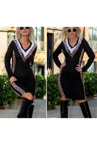 modakyra Rochie din viscoză cu două fire, cu decolteu în V, cu leopard, pentru femei Legend