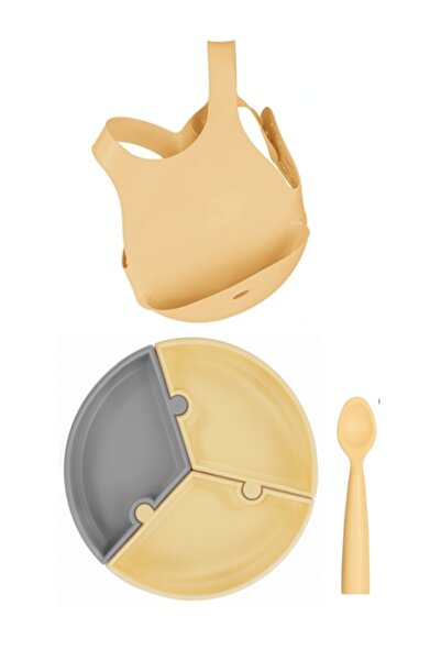 OiOi 3'lü Set Vakumlu Puzzle Tabak,nam Nam Kaşık, Silikon Mama Önlüğü