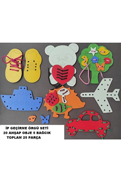 Trendy Toys Eğitici Ahşap Renkli Ip Geçirme Örgü Seti 25 Parça Montessori El Kası Geliştirme Oyunu