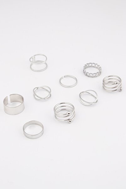 Ervalina 9'lu Tasarım Set Yüzük Gümüş Rengi ( 5 Adedi Ayarlanabilir)