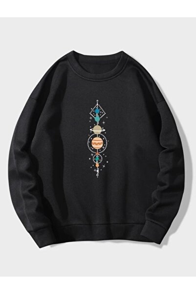 Tarzsokak Μαύρο Oversize Planets Printed 0 γιακά Γυναικείο φούτερ χωρίς κουκο...