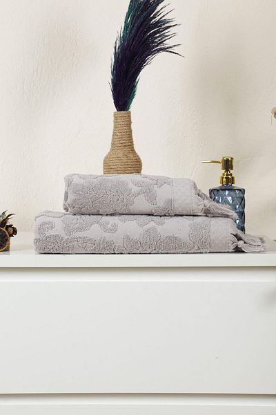 Mira Home Σετ πετσετών μπάνιου με κρόσσια ζακάρ μαλακό βαμβάκι Maria Grace