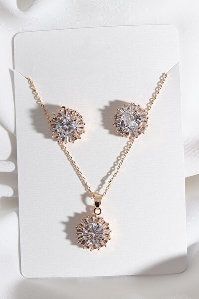 Süspüs Accessories Baget Taşlı Yuvarlak Model Gold Abiye Set
