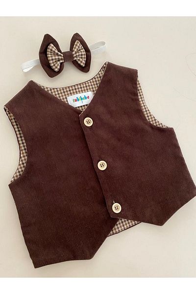 tubibebe Brown Plaid Velvet Vest + Bow Tie