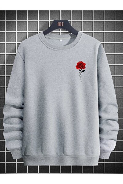BLACK NİCE Unisex Önü Gül Baskılı Oversize Bisiklet Yaka Sweatshirt