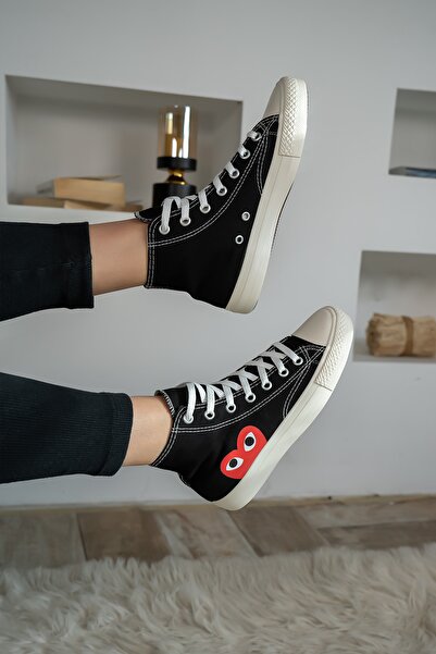 Shupe Women's Black and White Linen Heart Printed Ankle Sneakers