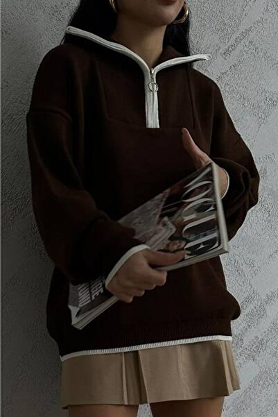 lovebox Γυναικείο πουλόβερ με φερμουάρ γιακά με λεπτομέρεια υπερμεγέθη 6650