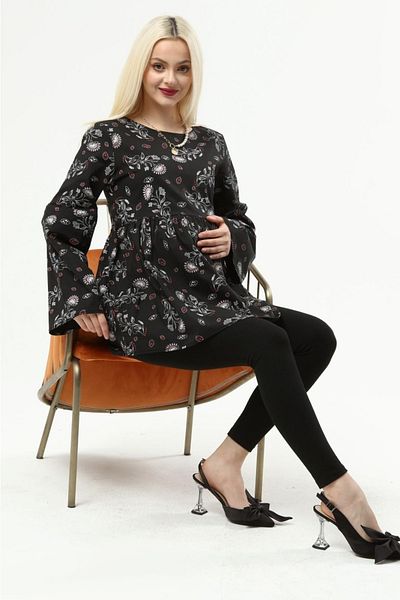 LadyMina Pijama Ladymina Red Patterned Maternity Shirt Black