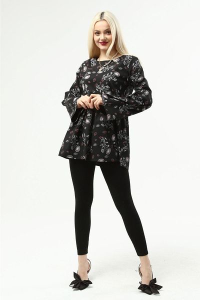 LadyMina Pijama Ladymina Flower Patterned Shirt Black