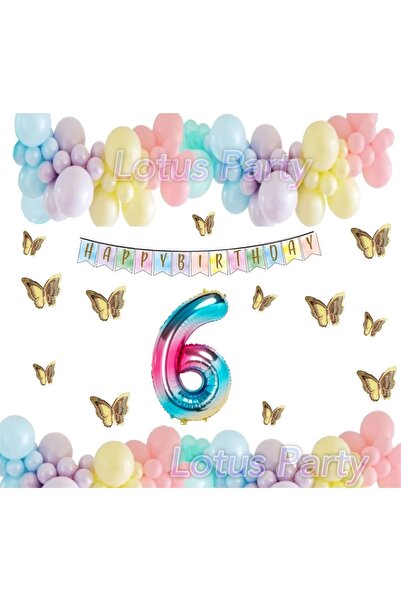 LOTUS PARTY 6 Yaş Doğum Günü Seti Kelebekli Gökkuşağı Unicorn Konsepti Makaro...