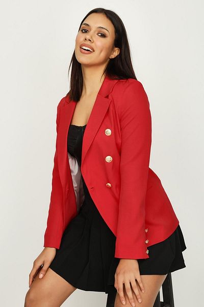 Select Moda Jachetă blazer căptușită cu închidere cu nasturi roșii aurii pentru femei