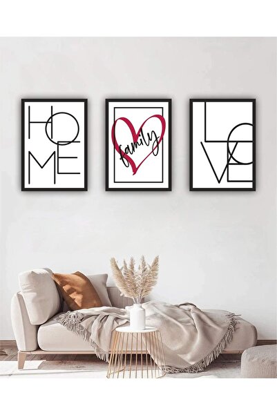 beedene 3'lü Set Siyah Çerçeveli Home Love Family Duvar Dekorasyon Tablo