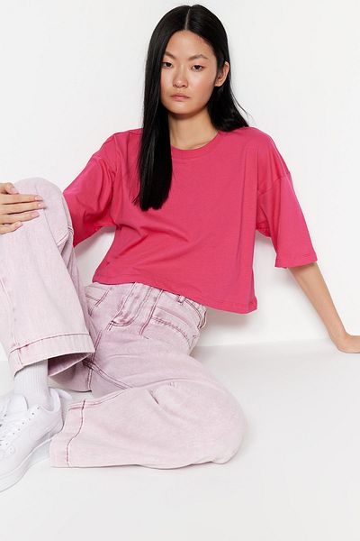 Trendyol Collection Pamut Premium Crop Crew nyakú kötött póló TWOSS23TS00038