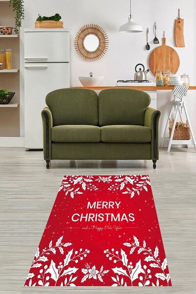 on the clouds Merry Christmas Yazılı Kırmızı Karlı Ağaç Dijital Baskı Yıkanab...