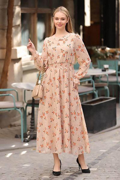 Neşeli Butik Γυναικείο μπεζ γιακά με λεπτομέρεια με μοτίβο μακρύ φόρεμα Rssn26