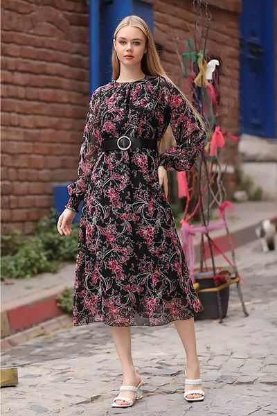 Neşeli Butik Rochie lungă din șifon cu guler cu curea roșie pentru femei Rssn27