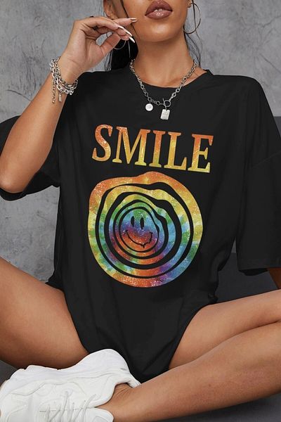 MODAGEN Women's Black Smile Printed Oversize T-shirt