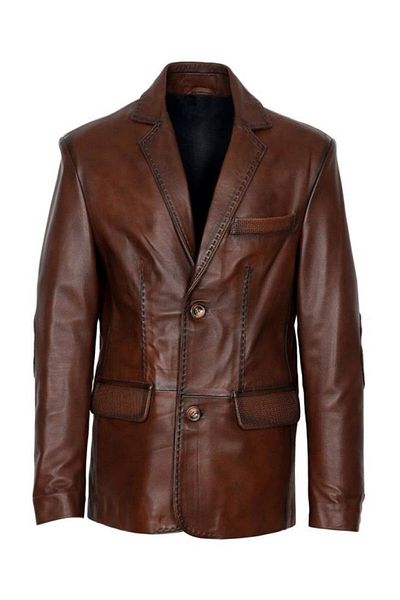g galeriaa Buttoned Brown Color Men's Leather Coat Blazer with Stitching Detail