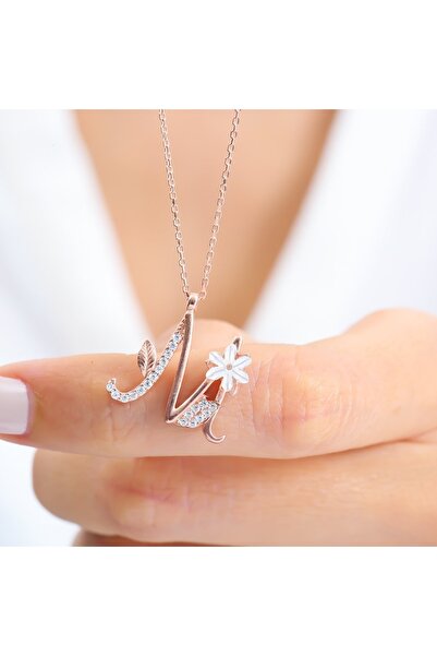 Mavili Gümüş Işıltılı Manolya Çiçeği M Harfi Gümüş Harfli Kolye