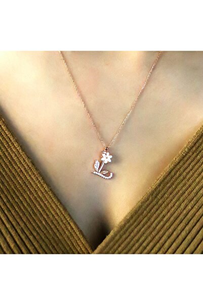 Mavili Gümüş Işıltılı Manolya Çiçeği O Harfi Gümüş Harfli Kolye