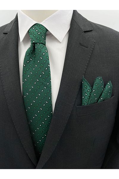 Brianze Green Small Shawl Pattern Tie Handkerchief Set
