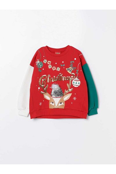 Pink Hippo Kids Girl's Deer Printed Sequined Text Detailed New Year's Sweatshirt