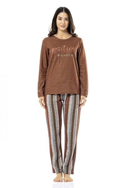 Poleren Sıfır Yaka Altı Çizgili Kışlık Pijama Takım