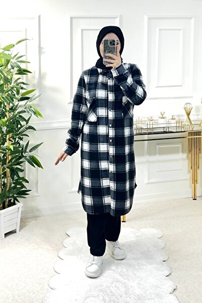 Aşkı Endam Büyük Beden Ayşil Oversize Kalın Polar Gömlek - Siyah Beyaz Dama