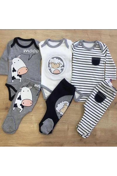 Bubito Lamb and Cow Patterned 3-Piece Baby Top and Bottom Set