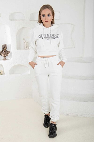 LEONE KOLEKSİYON Ecru Crop Sweatshirt Top and Bottom Set