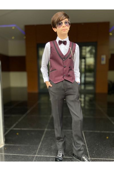 WENA KİDS Children's Vest Suit Shirt Set Collar Striped Burgundy