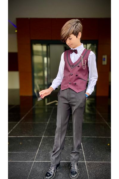 WENA KİDS Children's Vest Suit Shirt Set Collar Striped Burgundy