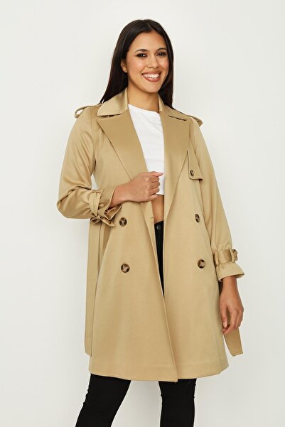 Select Moda Kadın Camel Kol Detaylı Kuşaklı Uzun Trençkot