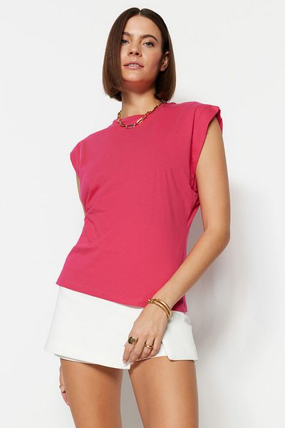 Trendyol Collection Fukszia 100% pamut vatta kinézetű Basic Crew nyakú kötött póló TWOSS20TS0021