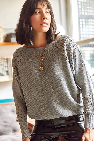 Olalook Dámská šedá oversize mikina se zakřiveným netopýrem