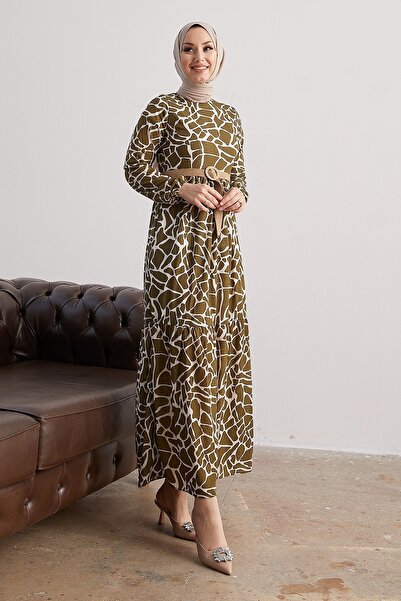 InStyle Else Taş Desenli Hasır Kemerli Elbise - Haki