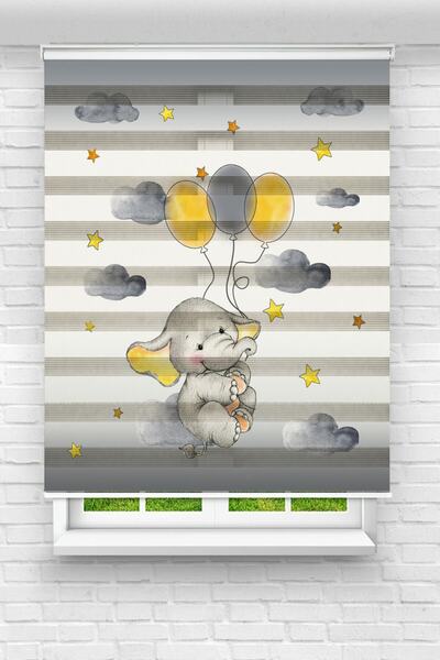 Genel Markalar Çocuk Odası - Sevimli Yavru Fil Baskılı Zebra Perde