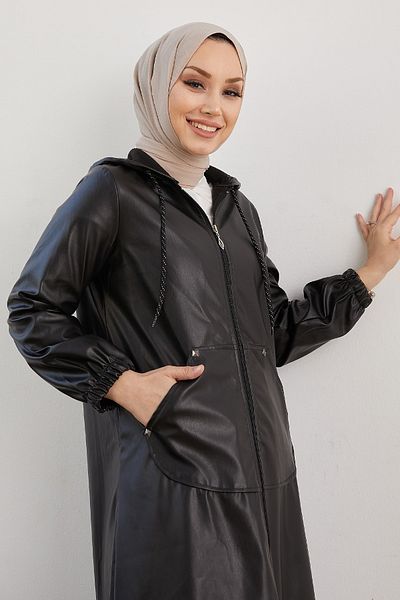 InStyle Jayla Çakım Detailed Leather Cape - Black