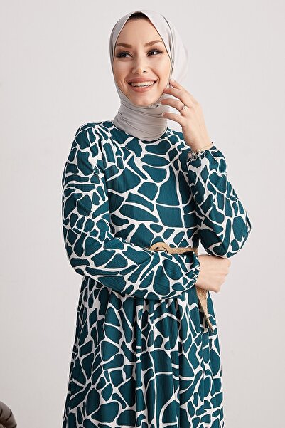 InStyle Else Stone Patterned Straw Belt Dress - Petrol Green