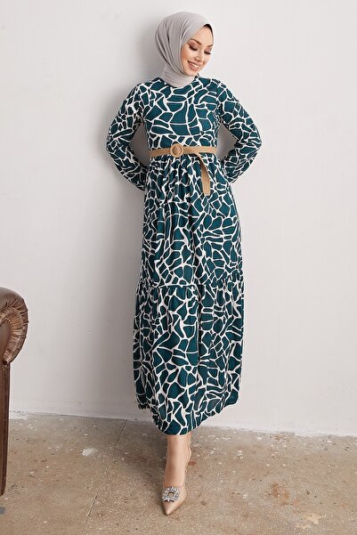 InStyle Else Stone Patterned Straw Belt Dress - Petrol Green