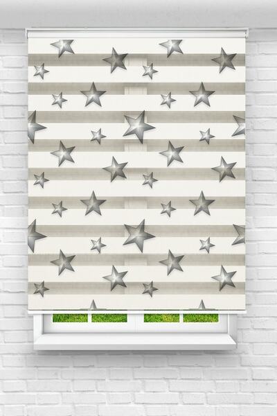 vanilyahome Genç Odası - Gri Yıldızlar Baskılı Zebra Perde