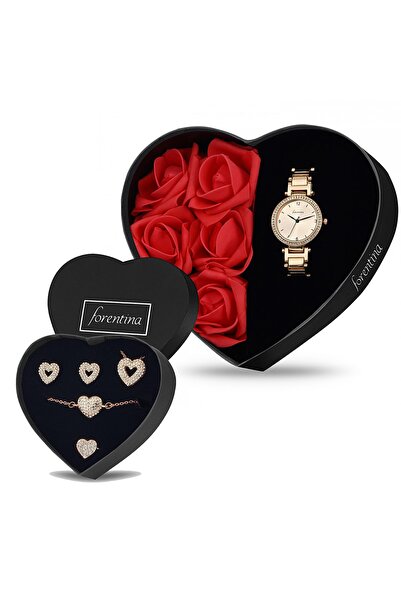 Forentina Kırmızı Güllü Kutuda Rose Metal Kol Saati - Kalpli Takı Seti Ps2679