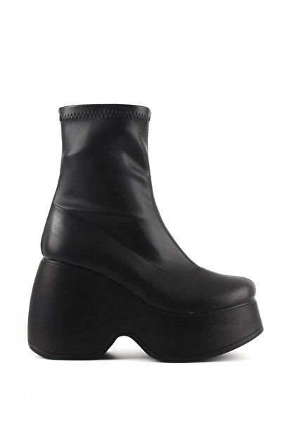 Prego Kalın Platform Poli Taban Hafif Siyah Streç Kadın Bot