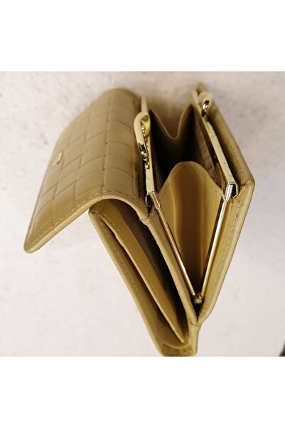 Petek 1855 Kadın Hakiki Deri Sarı Örgü Baskılı Çıtçıtlı Bozuk Para Banknot 6 Kartlık Cüzdan