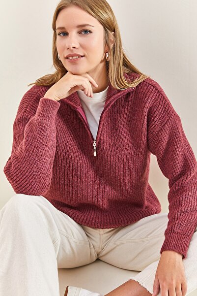 Bianco Lucci Kadın Fermuarlı Balıkçı Yaka Oversize Triko Kazak