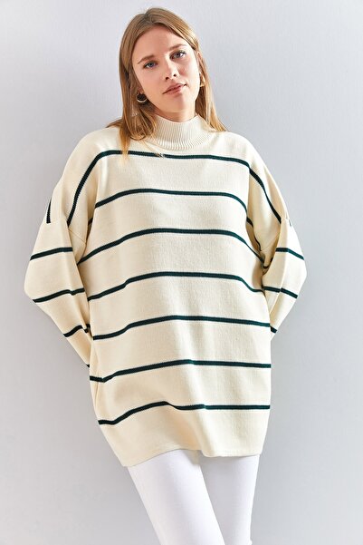 Bianco Lucci Pulover de damă cu gât în dungi supradimensionate