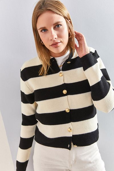 Bianco Lucci Cardigan de damă, cu nasturi metalice, cu dungi groase