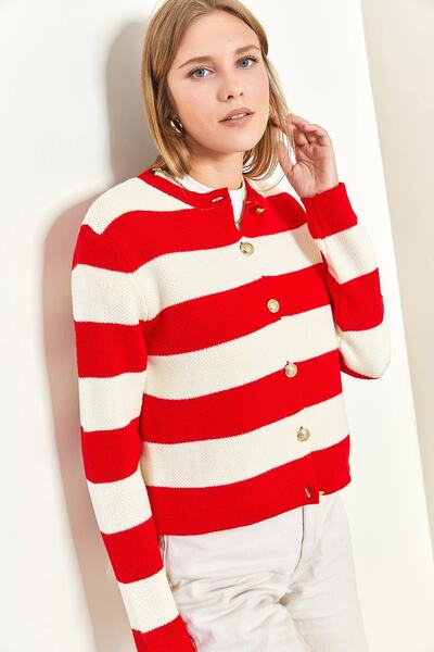 Bianco Lucci Kadın Metal Düğmeli Kalın Çizgili Triko Hırka