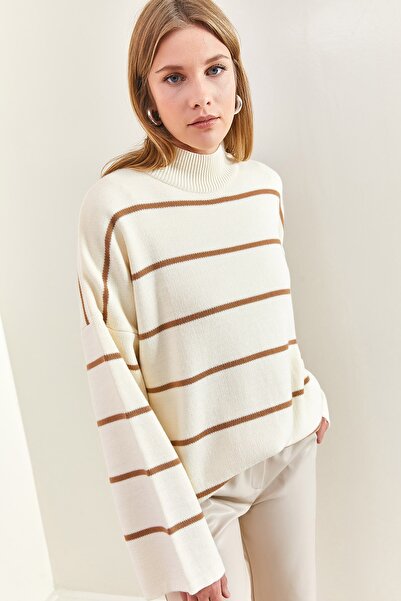 Bianco Lucci Pulover de damă cu gât în dungi supradimensionate