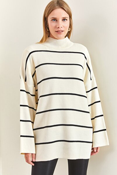 Bianco Lucci Pulover de damă cu gât în dungi supradimensionate